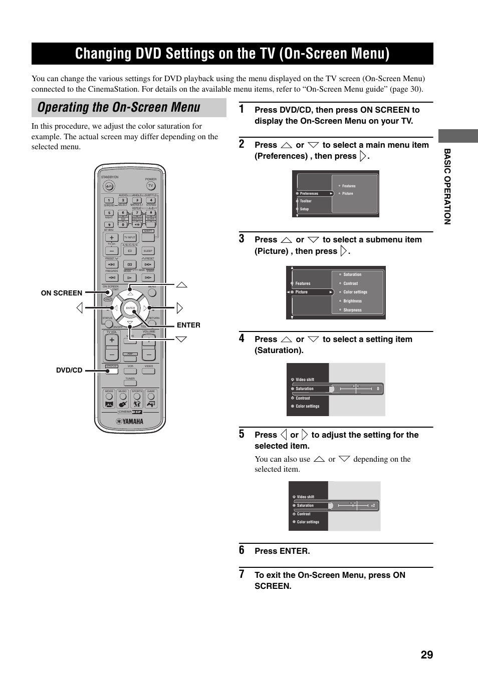 Changing dvd settings on the tv (on-screen menu), Operating the on-screen menu, Changing dvd settings on the tv | On-screen menu), Press or to select a setting item (saturation), Press enter | Yamaha DVR-S150 User Manual | Page 34 / 99