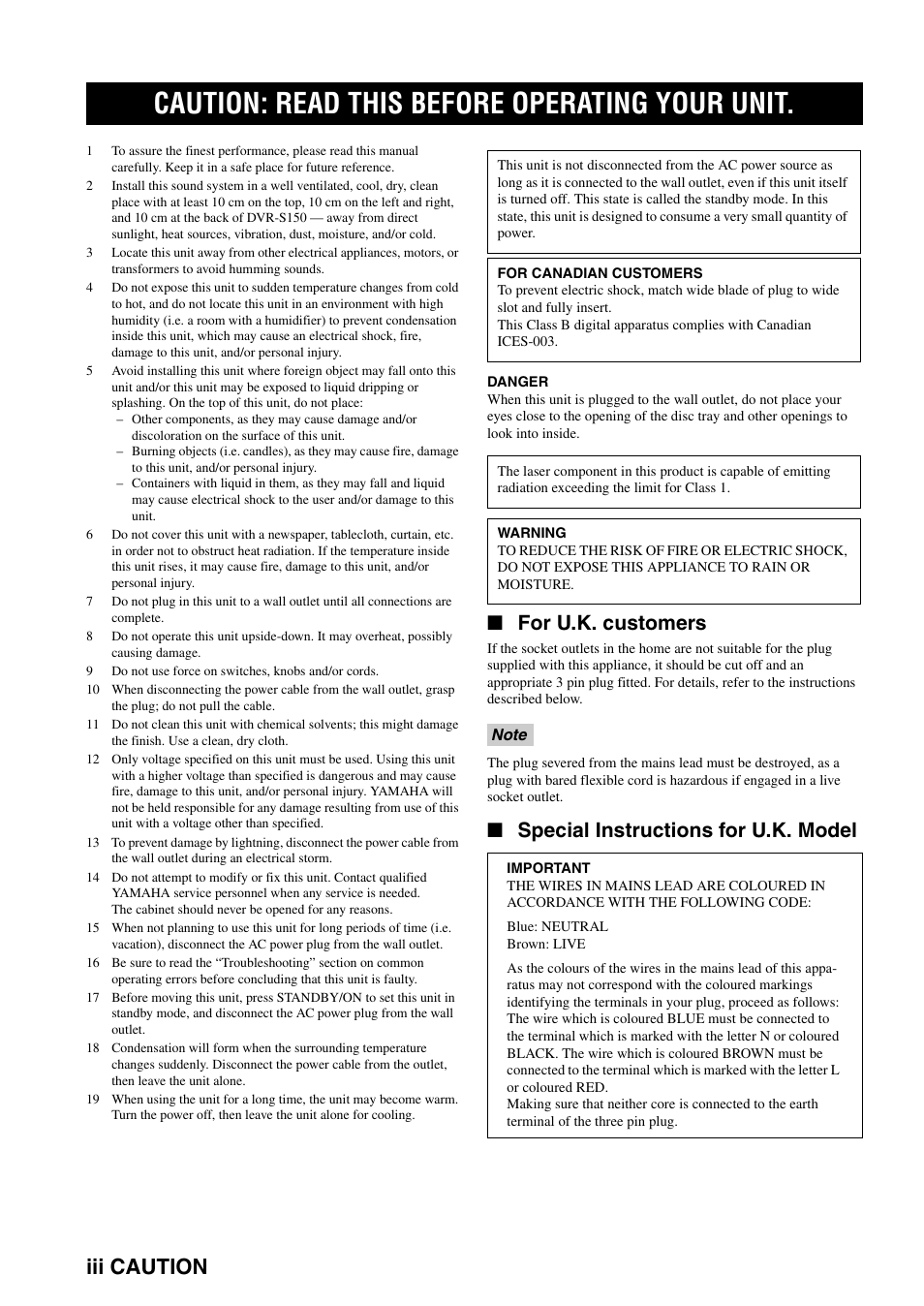 Caution: read this before operating your unit, Iii caution, For u.k. customers | Special instructions for u.k. model | Yamaha DVR-S150 User Manual | Page 4 / 99