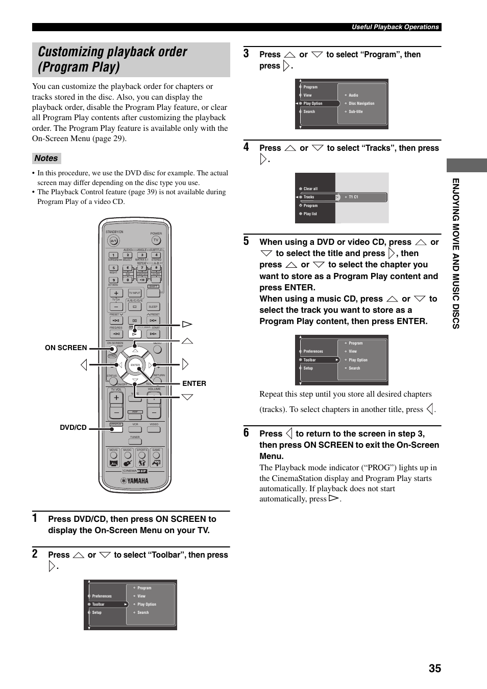 Customizing playback order (program play), Press or to select “toolbar”, then press, Press or to select “program”, then press | Press or to select “tracks”, then press | Yamaha DVR-S150 User Manual | Page 40 / 99