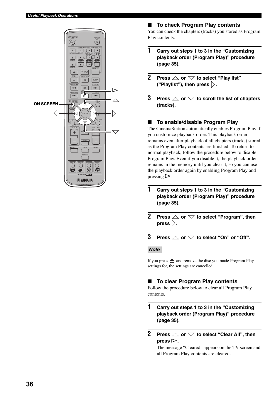 Press or to scroll the list of chapters (tracks), Press or to select “program”, then press, Press or to select “on” or “off | Yamaha DVR-S150 User Manual | Page 41 / 99