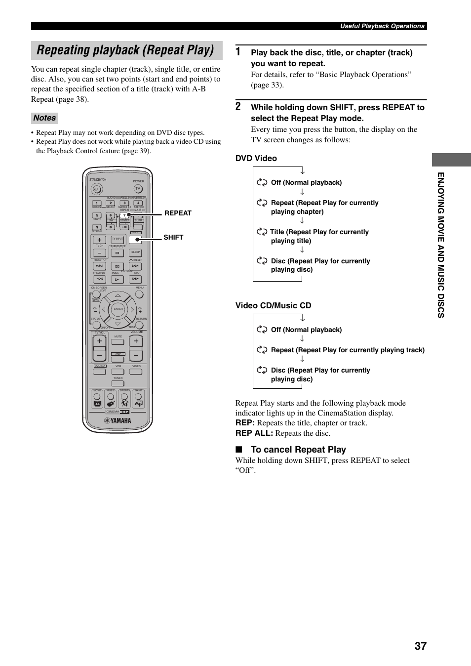 Repeating playback (repeat play), Video cd/music cd | Yamaha DVR-S150 User Manual | Page 42 / 99