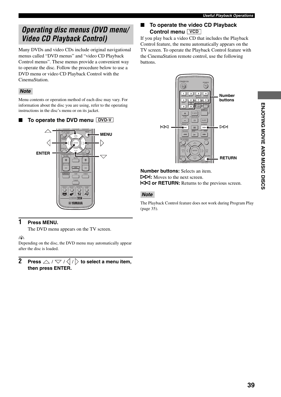 Operating disc menus (dvd menu/video cd, Playback control), Dvd-v | Menu enter, Number buttons return b a | Yamaha DVR-S150 User Manual | Page 44 / 99