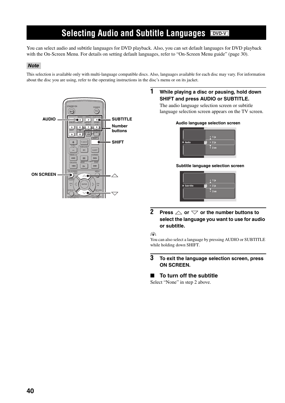 Selecting audio and subtitle languages, Select “none” in step 2 above, Dvd-v | Number buttons subtitle audio on screen shift, Audio language selection screen, Subtitle language selection screen | Yamaha DVR-S150 User Manual | Page 45 / 99
