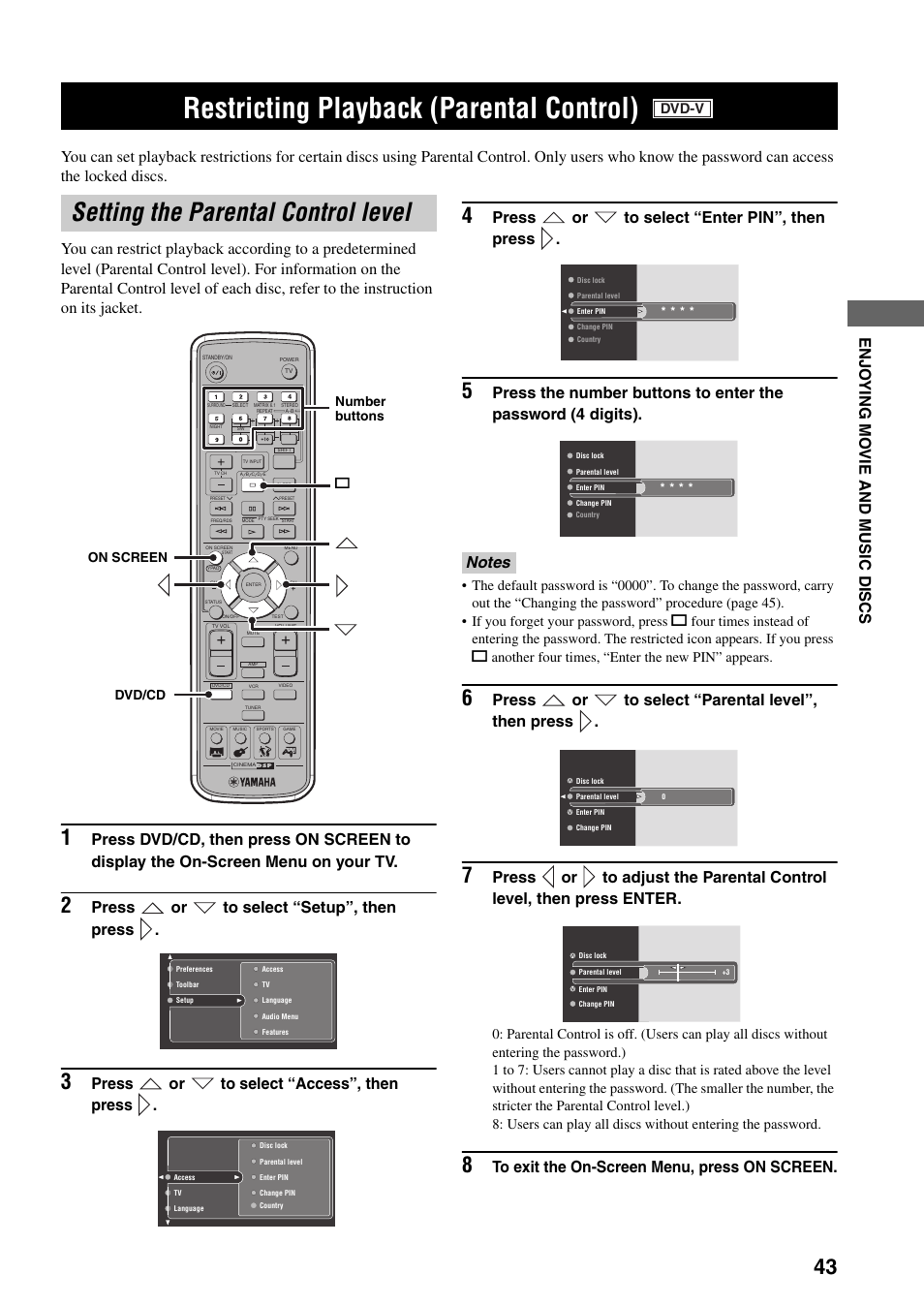 Restricting playback (parental control), Setting the parental control level, Press or to select “setup”, then press | Press or to select “access”, then press, Press or to select “enter pin”, then press, Press or to select “parental level”, then press, Dvd-v | Yamaha DVR-S150 User Manual | Page 48 / 99