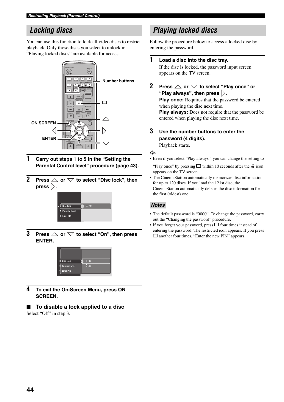 Locking discs, Playing locked discs, Locking discs playing locked discs | Press or to select “disc lock”, then press, Press or to select “on”, then press enter | Yamaha DVR-S150 User Manual | Page 49 / 99