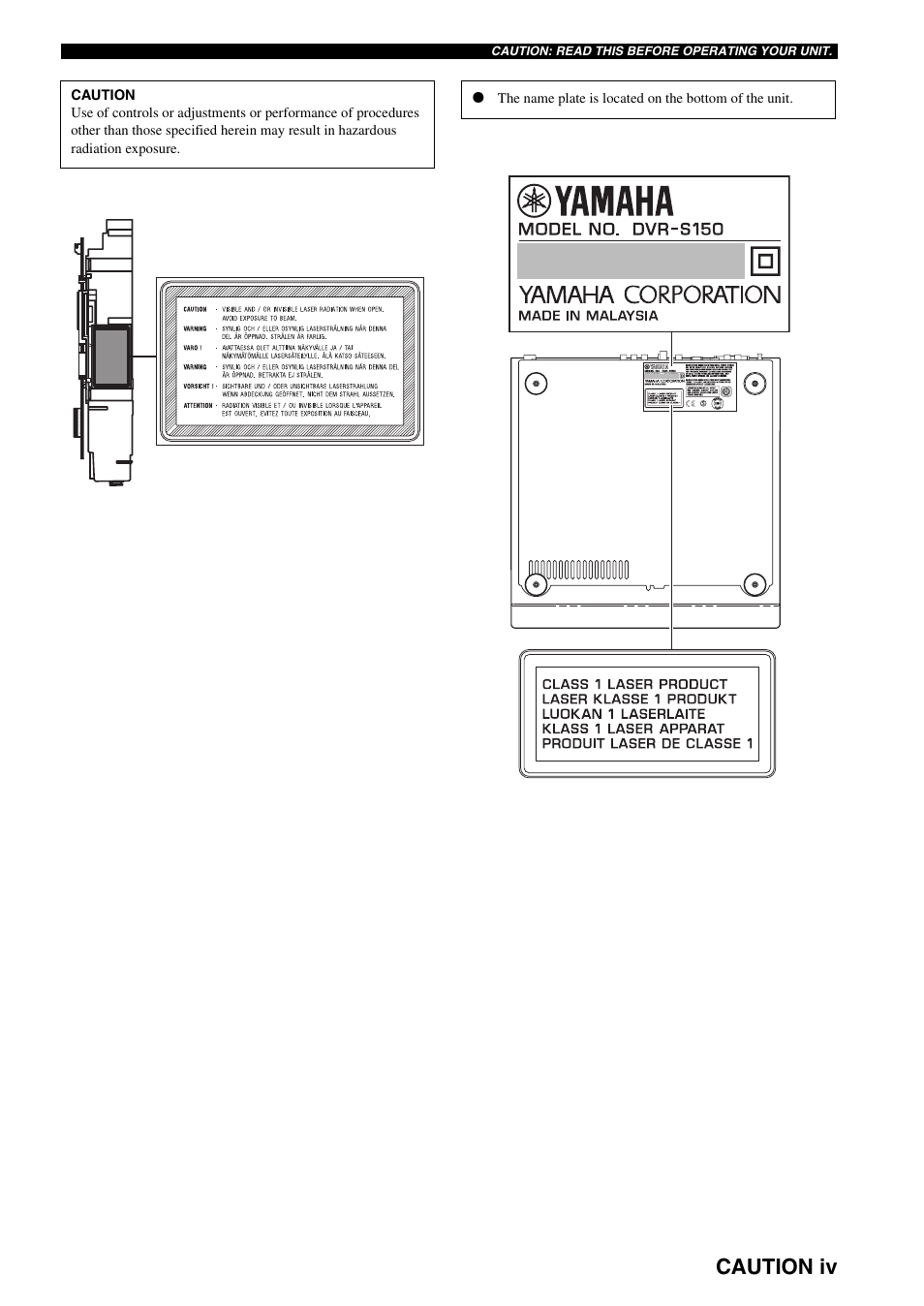 Caution iv | Yamaha DVR-S150 User Manual | Page 5 / 99