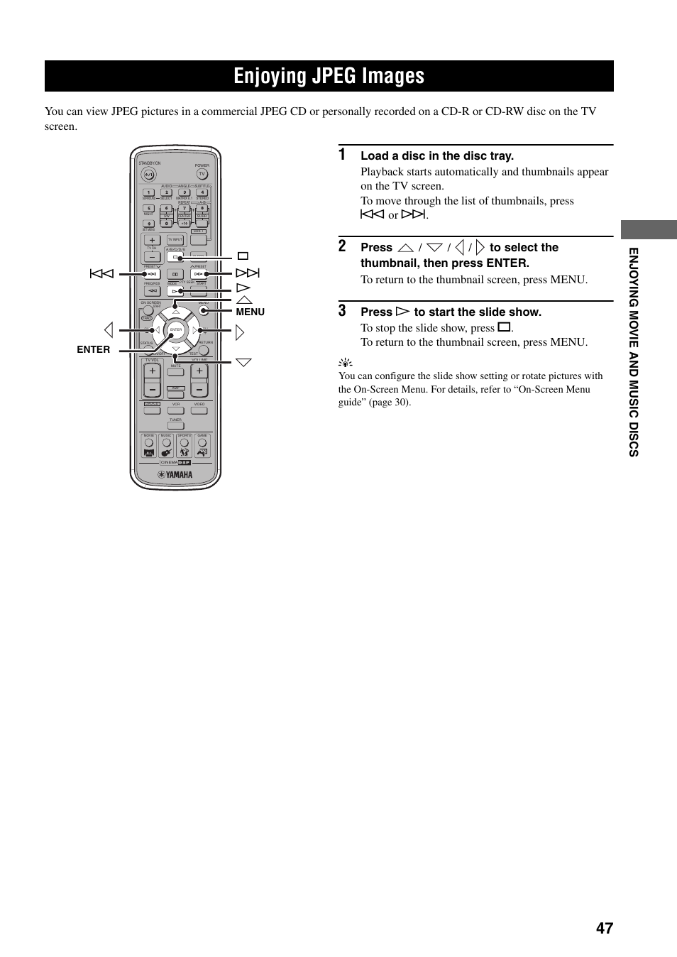 Enjoying jpeg images, Menu, Enter s | Yamaha DVR-S150 User Manual | Page 52 / 99