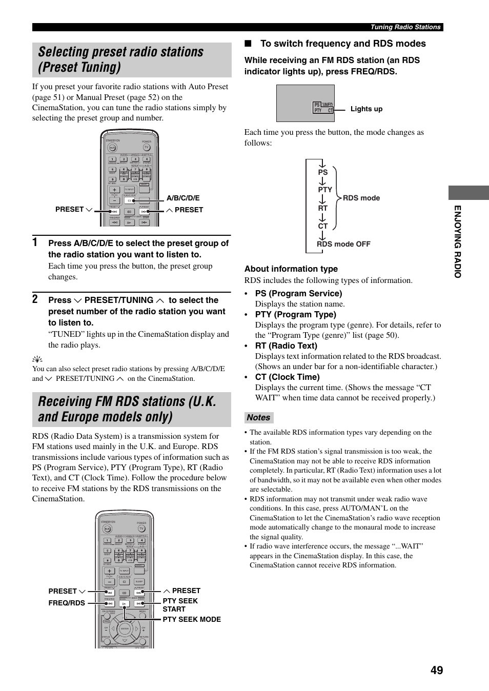 Selecting preset radio stations (preset tuning), U.k. and europe models only), Rds mode off rds mode ps pty rt ct | Yamaha DVR-S150 User Manual | Page 54 / 99