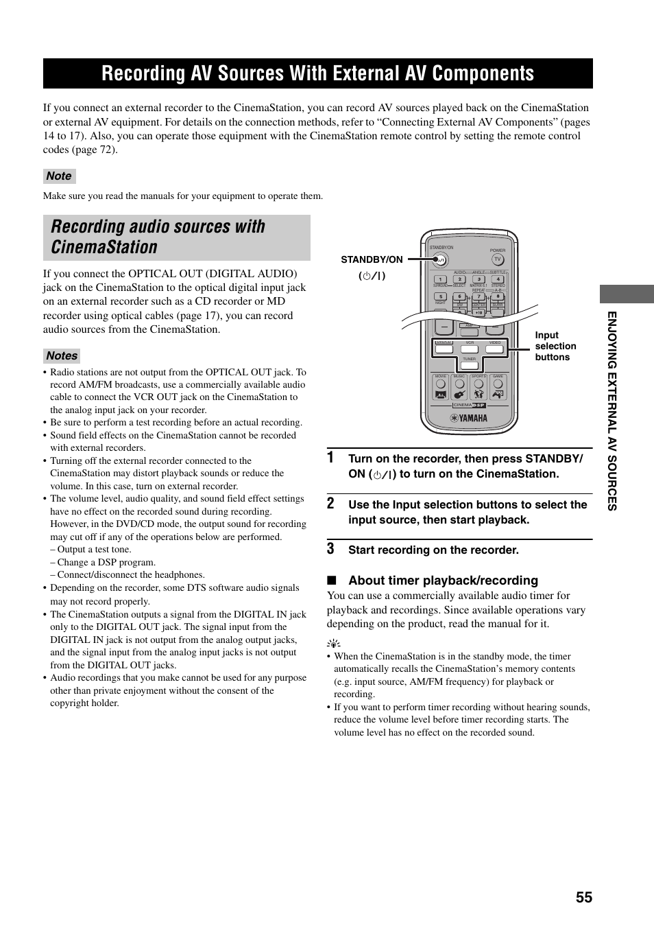 Recording av sources with external av components, Recording audio sources with cinemastation, Recording av sources with external av | Components, About timer playback/recording, Start recording on the recorder | Yamaha DVR-S150 User Manual | Page 60 / 99