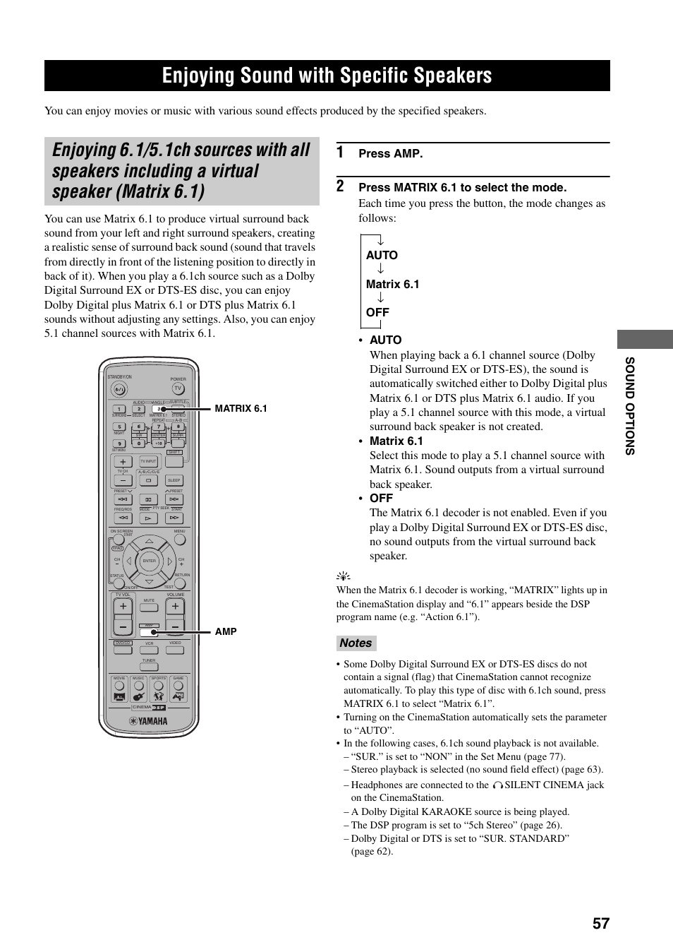 Sound options, Enjoying sound with specific speakers, Enjoying 6.1/5.1ch sources with all speakers | Including a virtual speaker (matrix 6.1), To “enjoying sound with specific speakers, Press amp | Yamaha DVR-S150 User Manual | Page 62 / 99