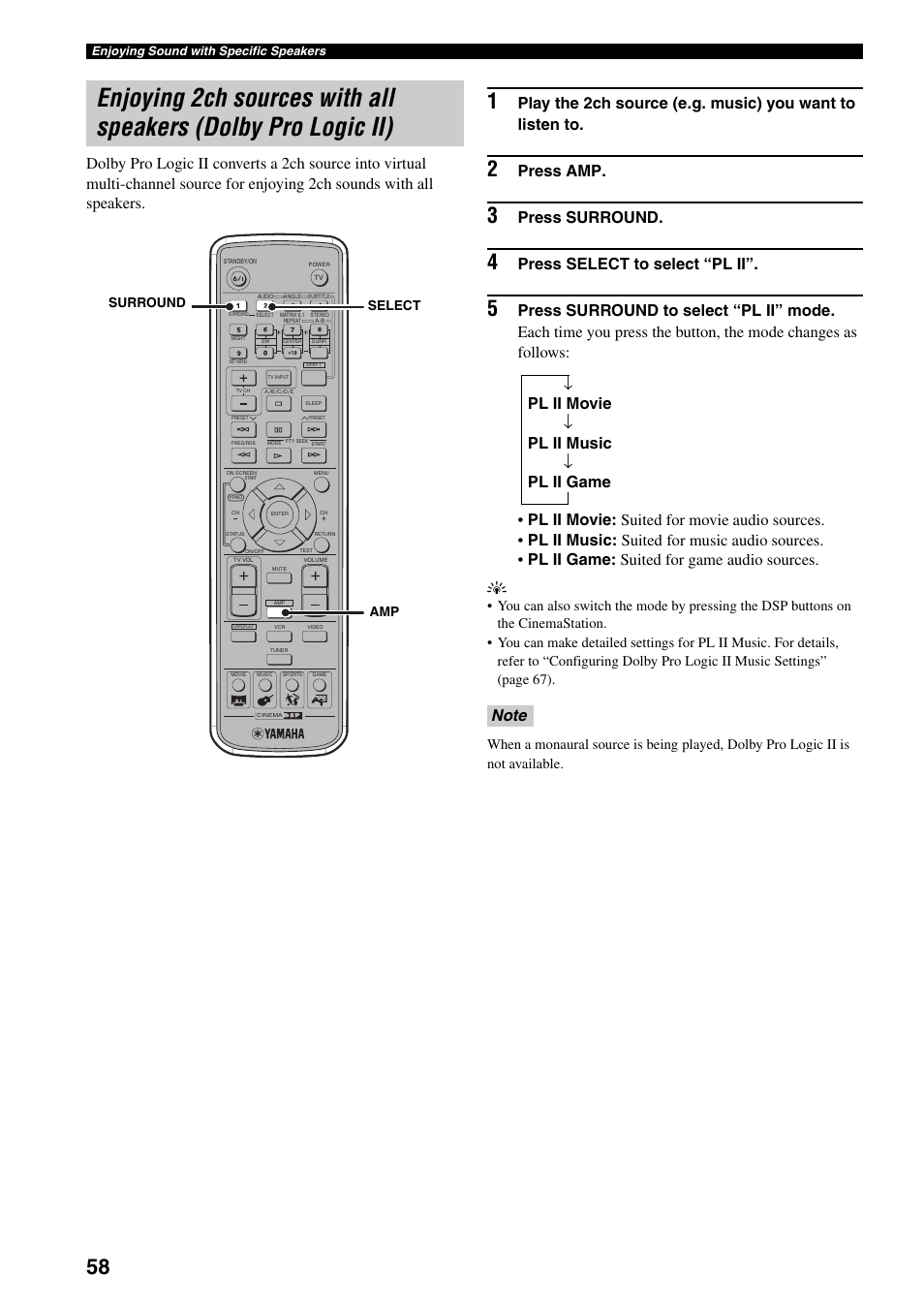 Enjoying 2ch sources with all speakers, Dolby pro logic ii), Enjoying | Press amp, Press surround, Press select to select “pl ii | Yamaha DVR-S150 User Manual | Page 63 / 99