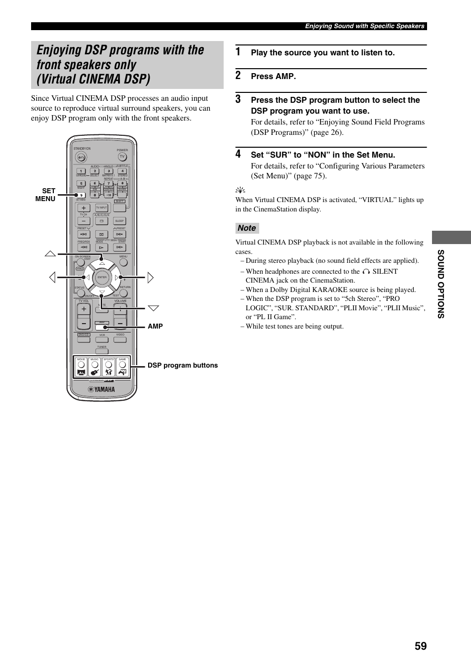 Enjoying dsp programs with the front speakers, Only (virtual cinema dsp), Play the source you want to listen to | Press amp, Dsp program buttons set menu amp | Yamaha DVR-S150 User Manual | Page 64 / 99