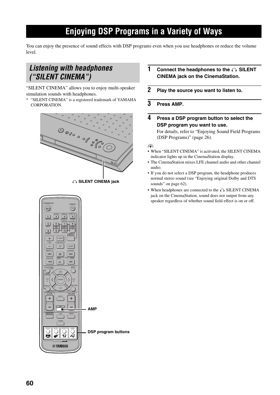 Enjoying dsp programs in a variety of ways, Listening with headphones (“silent cinema”), Enjoying dsp programs in a variety of | Ways, Listening with headphones, Silent cinema”), Play the source you want to listen to, Press amp, Silent cinema jack, Dsp program buttons amp | Yamaha DVR-S150 User Manual | Page 65 / 99