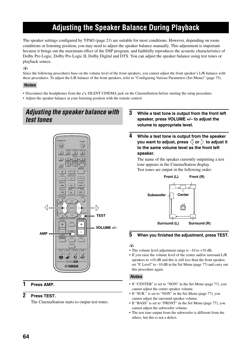 Advanced configuration, Adjusting the speaker balance during playback, Adjusting the speaker balance with test tones | Adjusting the speaker balance during, Playback, Press amp, When you finished the adjustment, press test. y | Yamaha DVR-S150 User Manual | Page 69 / 99
