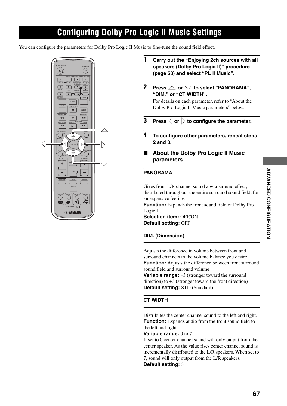 Configuring dolby pro logic ii music settings, Configuring dolby pro logic ii music, Settings | About the dolby pro logic ii music parameters, Press or to configure the parameter | Yamaha DVR-S150 User Manual | Page 72 / 99