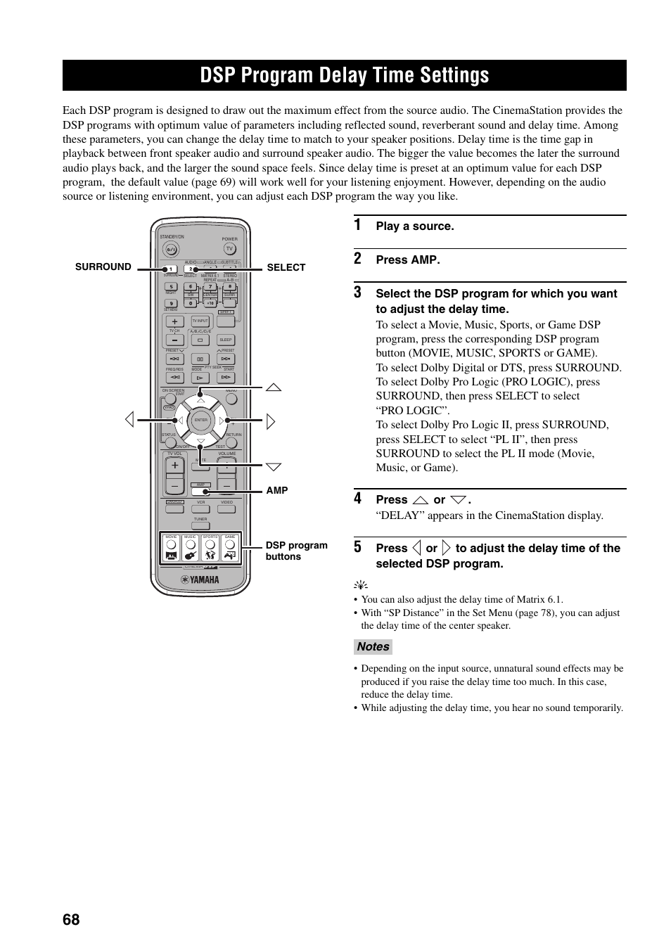 Dsp program delay time settings, Play a source, Press amp | Dsp program buttons select surround amp | Yamaha DVR-S150 User Manual | Page 73 / 99
