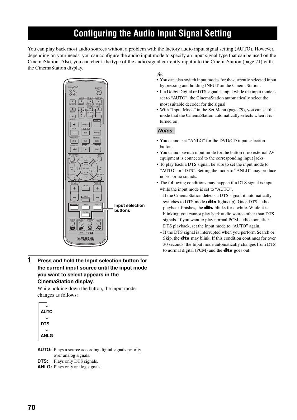 Configuring the audio input signal setting, Auto, Anlg | Input selection buttons | Yamaha DVR-S150 User Manual | Page 75 / 99