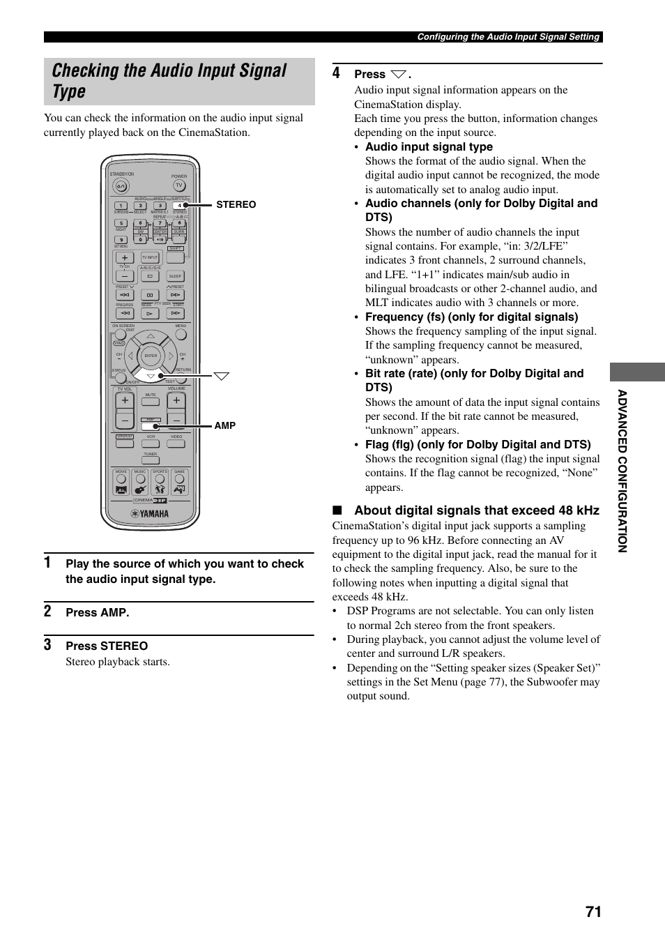 Checking the audio input signal type, About digital signals that exceed 48 khz, Press amp | Press stereo stereo playback starts | Yamaha DVR-S150 User Manual | Page 76 / 99