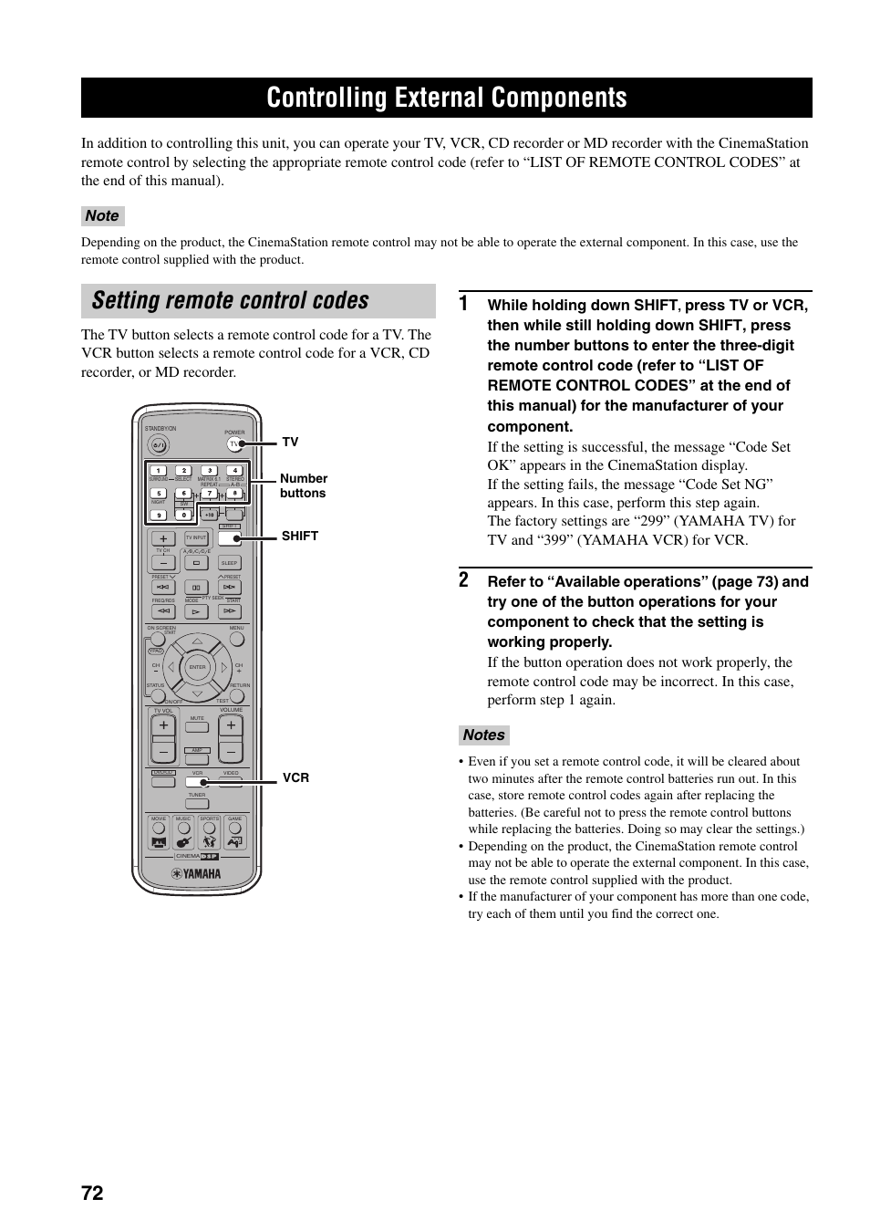 Controlling external components, Setting remote control codes, While holding down shift | Tv number buttons shift vcr | Yamaha DVR-S150 User Manual | Page 77 / 99