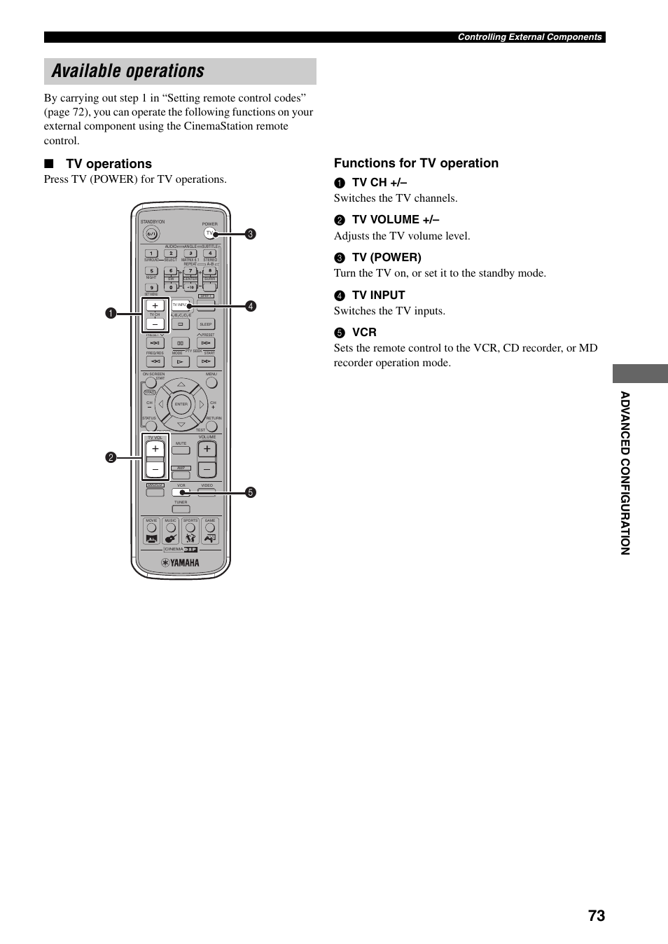 Available operations, Tv operations, Functions for tv operation | Press tv (power) for tv operations | Yamaha DVR-S150 User Manual | Page 78 / 99
