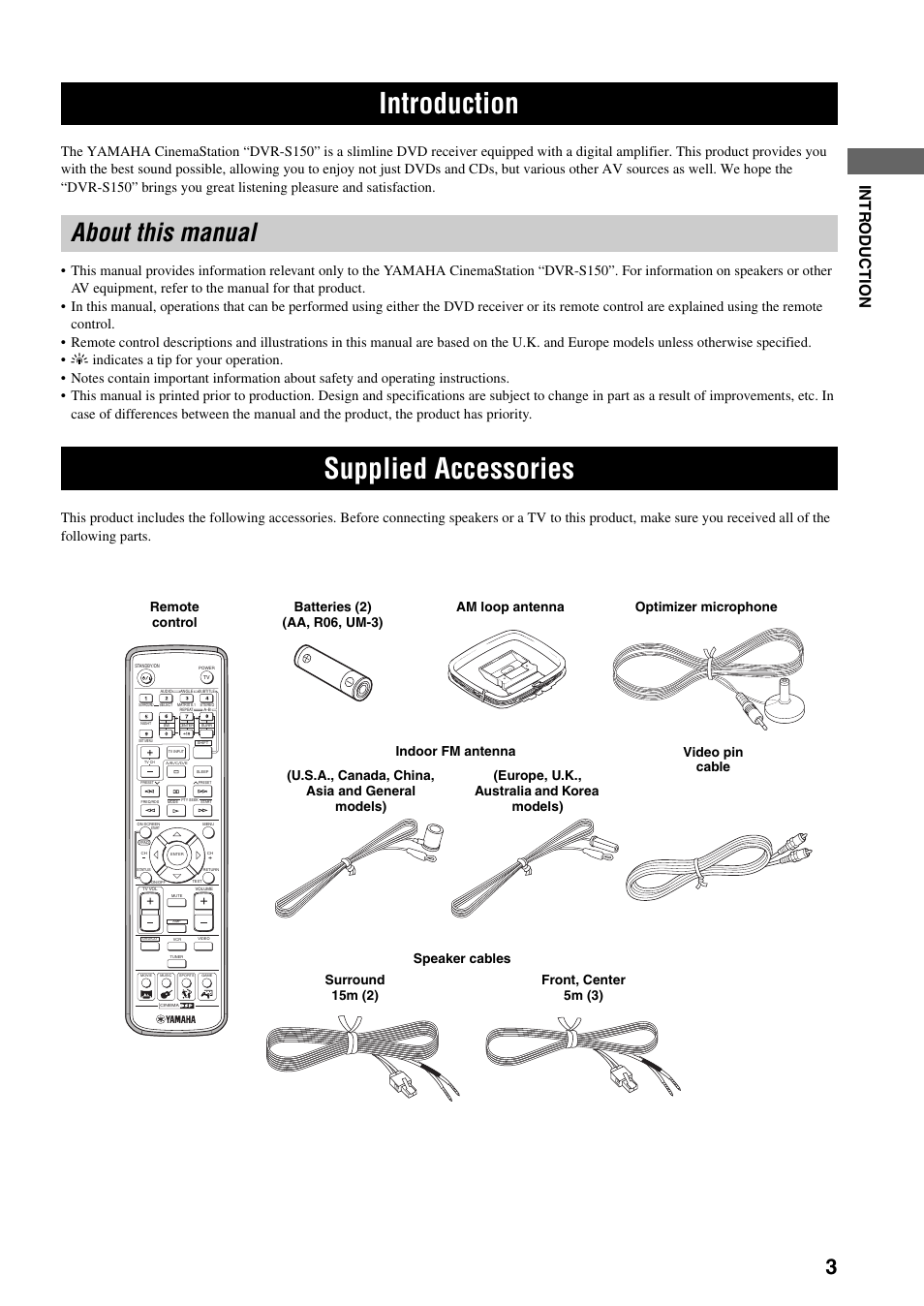 Introduction, About this manual, Supplied accessories | Intr o d uct ion | Yamaha DVR-S150 User Manual | Page 8 / 99