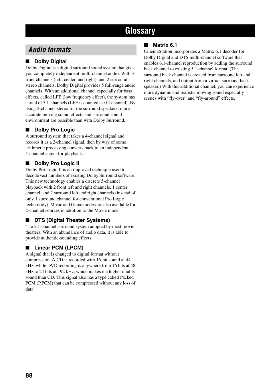 Glossary, Audio formats | Yamaha DVR-S150 User Manual | Page 93 / 99