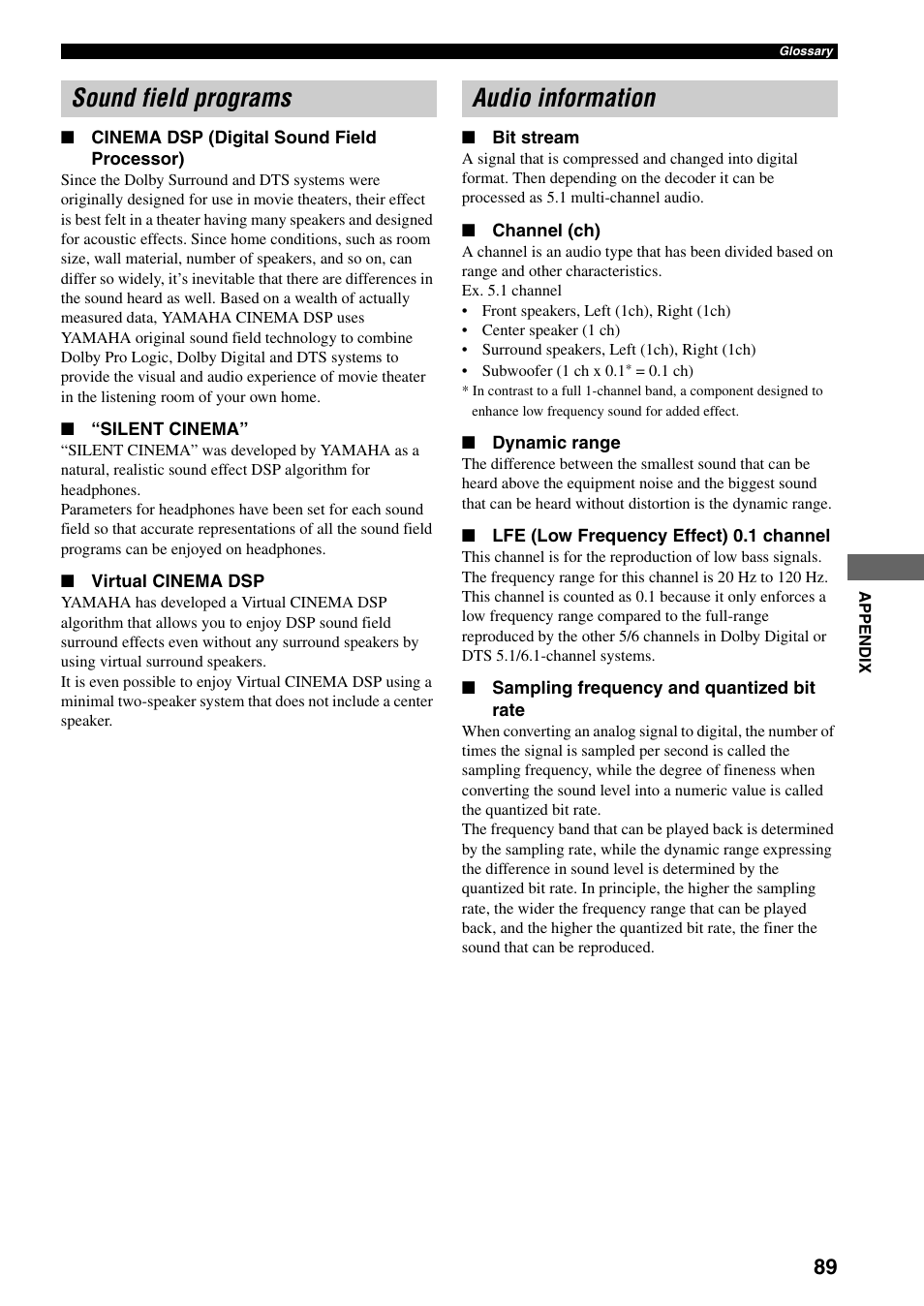 Sound field programs, Audio information, Sound field programs audio information | Yamaha DVR-S150 User Manual | Page 94 / 99