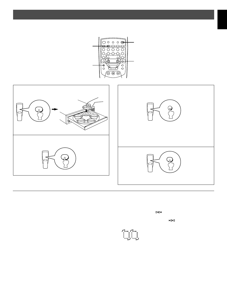 Random-sequence play, Random-sequence play 1, English | Disc skip/ character, Rndm” lights up on the display, Load one or more discs | Yamaha CDC-775 User Manual | Page 13 / 28