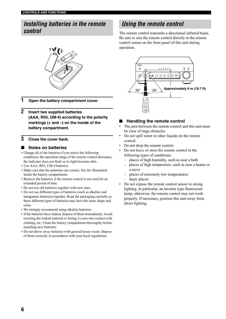 Installing batteries in the remote control, Using the remote control, Handling the remote control | Yamaha AX-497  EN User Manual | Page 10 / 23