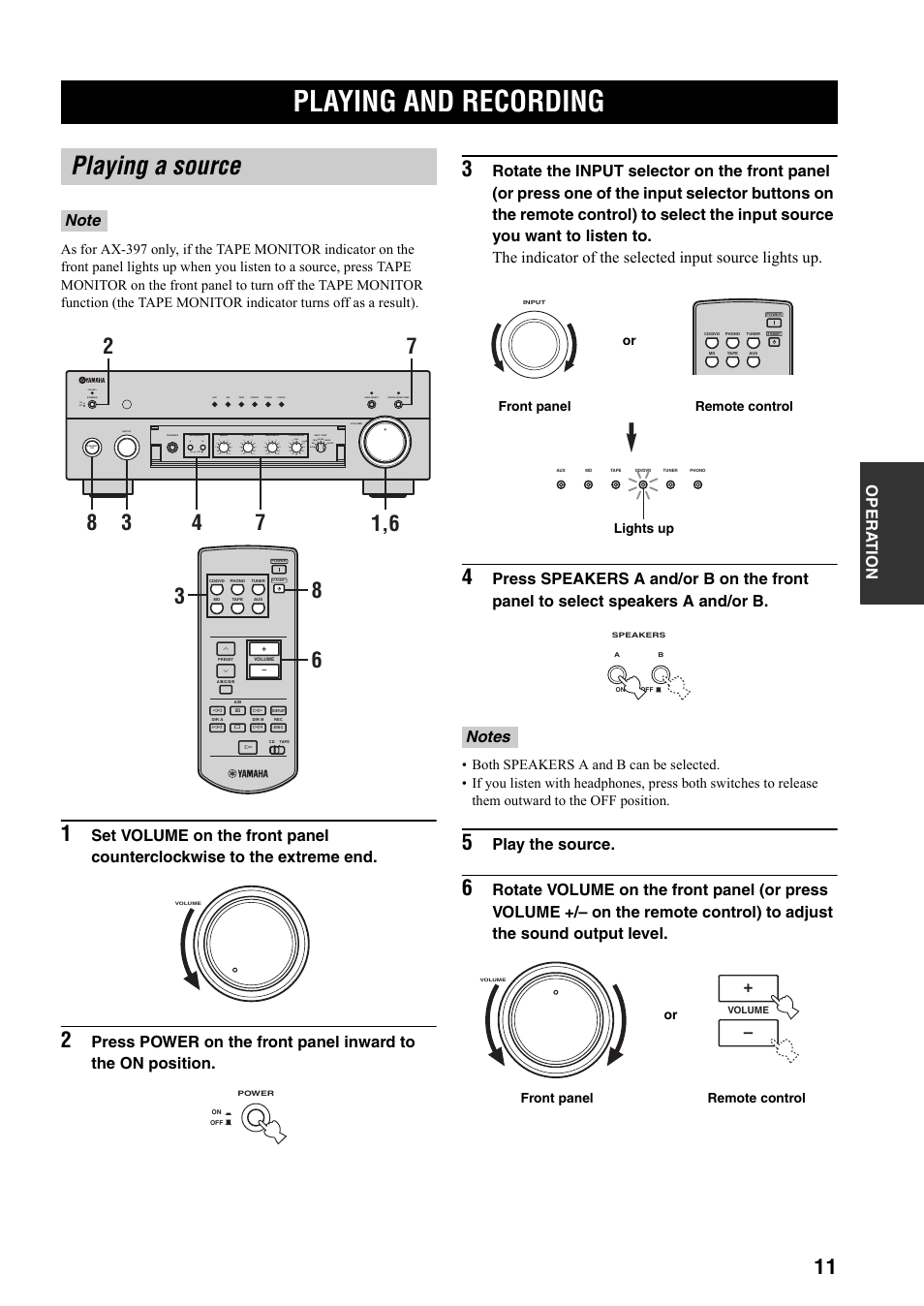 Operation, Playing and recording, Playing a source | Play the source, Standby, On off on off, Front panel remote control or lights up, Remote control front panel or | Yamaha AX-497  EN User Manual | Page 15 / 23