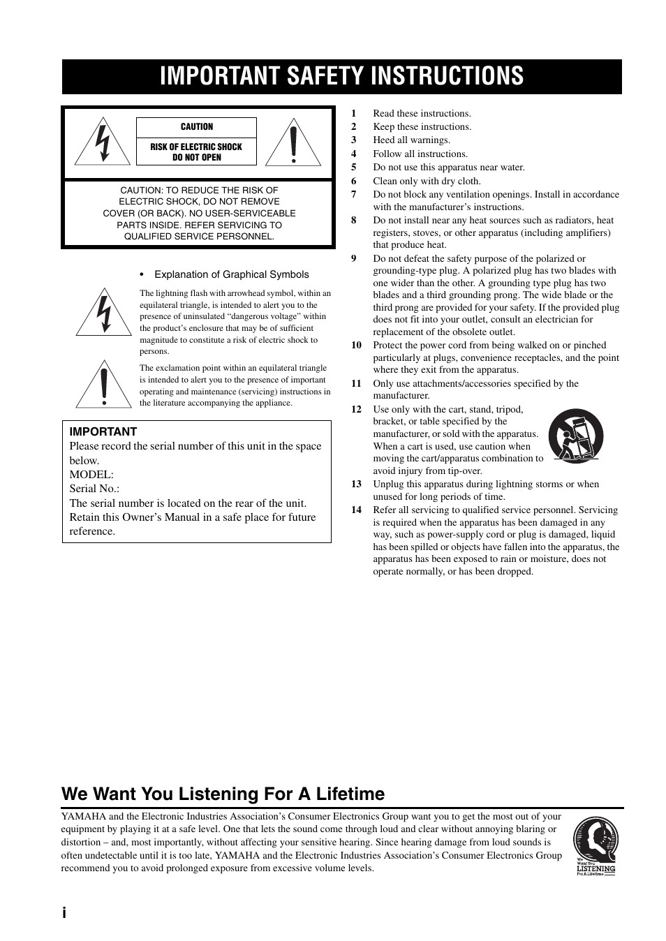 Important safety instructions, We want you listening for a lifetime | Yamaha AX-497  EN User Manual | Page 2 / 23