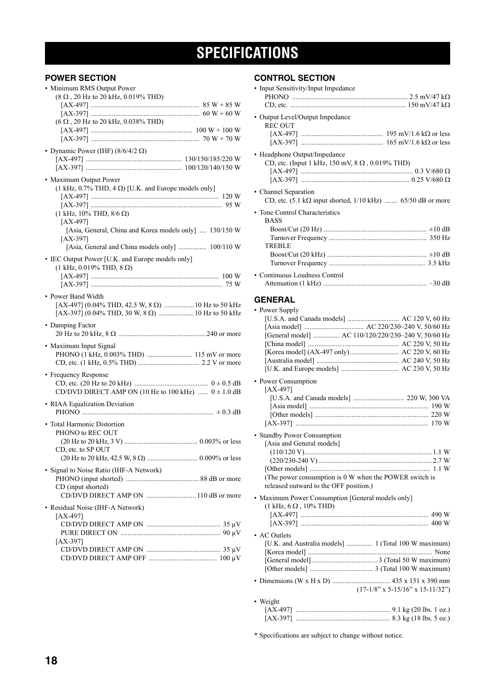 Specifications | Yamaha AX-497  EN User Manual | Page 22 / 23