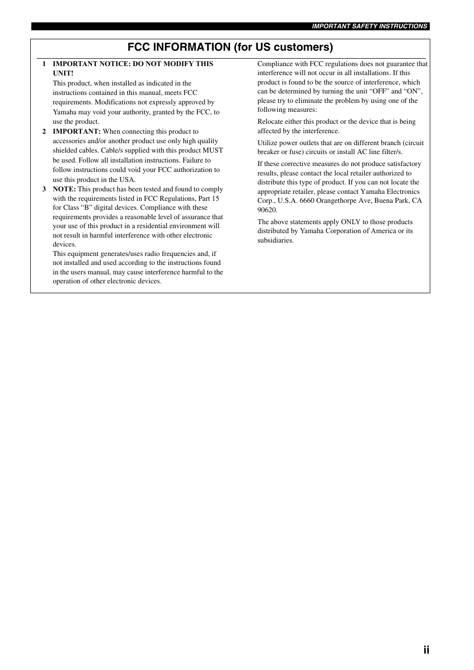 Ii fcc information (for us customers) | Yamaha AX-497  EN User Manual | Page 3 / 23