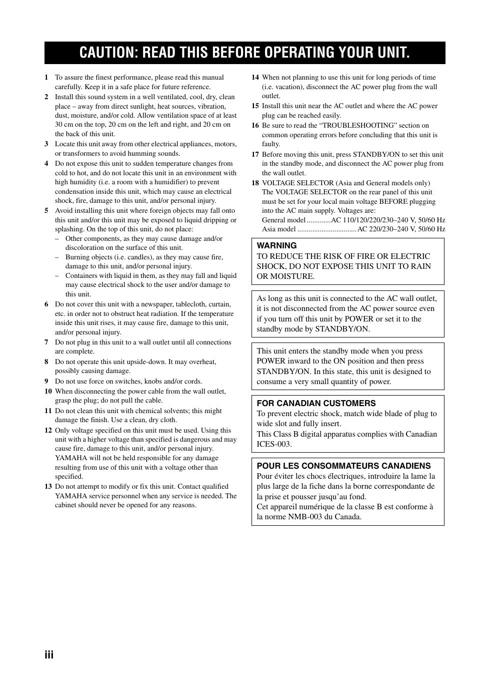 Caution: read this before operating your unit | Yamaha AX-497  EN User Manual | Page 4 / 23