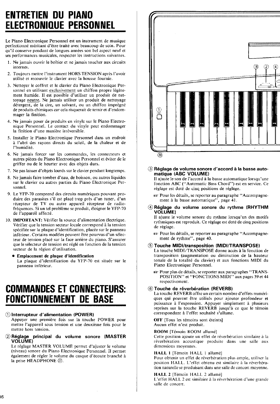 Entretien du piano electronique personnel, Commandes et connecteurs: fonctionnement de base | Yamaha YFP-70 User Manual | Page 10 / 27