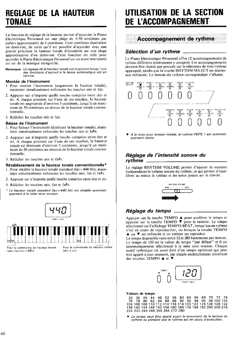 Reglage de la hauteur tonale, Utilisation de la sectidn de l'accompagnement, Accompagnement de rythme | Sétection d'un rythme, Réglage de ¡'intensité sonore du rythme, Réglage du tempo | Yamaha YFP-70 User Manual | Page 14 / 27