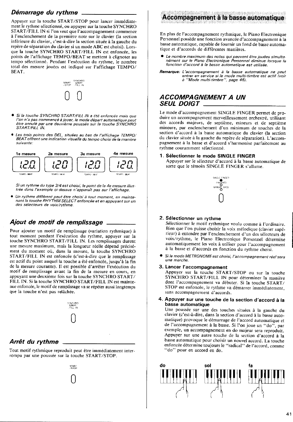 Accompagnement à ta basse automatique, Démarrage du rythme, Ajout de motif de remplissage | Arrêt du rythme, Accompagnement a un seul doigt | Yamaha YFP-70 User Manual | Page 15 / 27