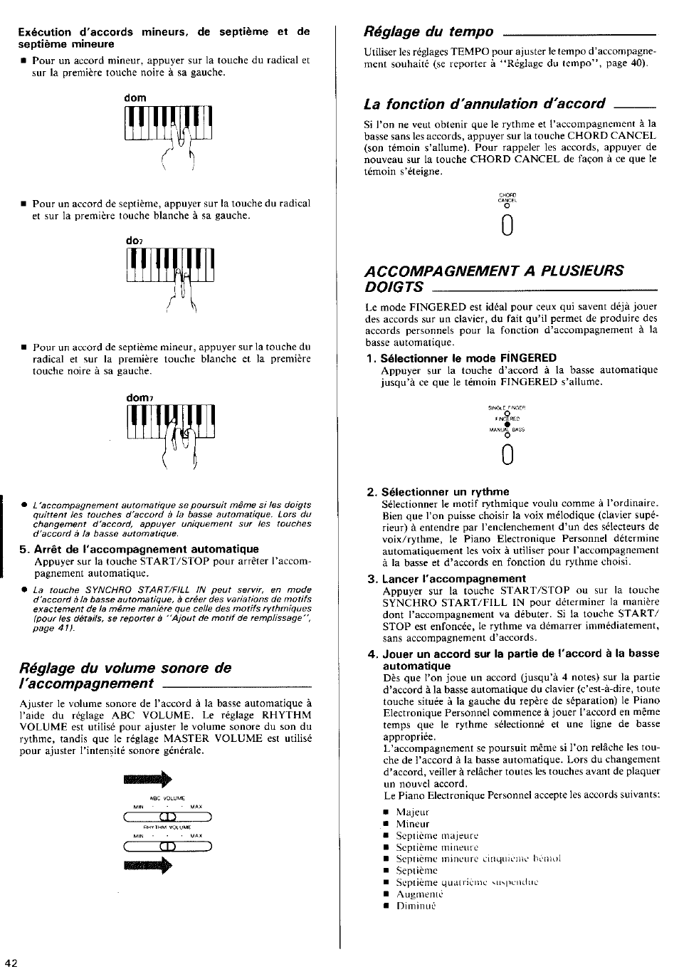 Réglage du volume sonore de l'accompagnement, Accompagnement a plusieurs doigts | Yamaha YFP-70 User Manual | Page 16 / 27