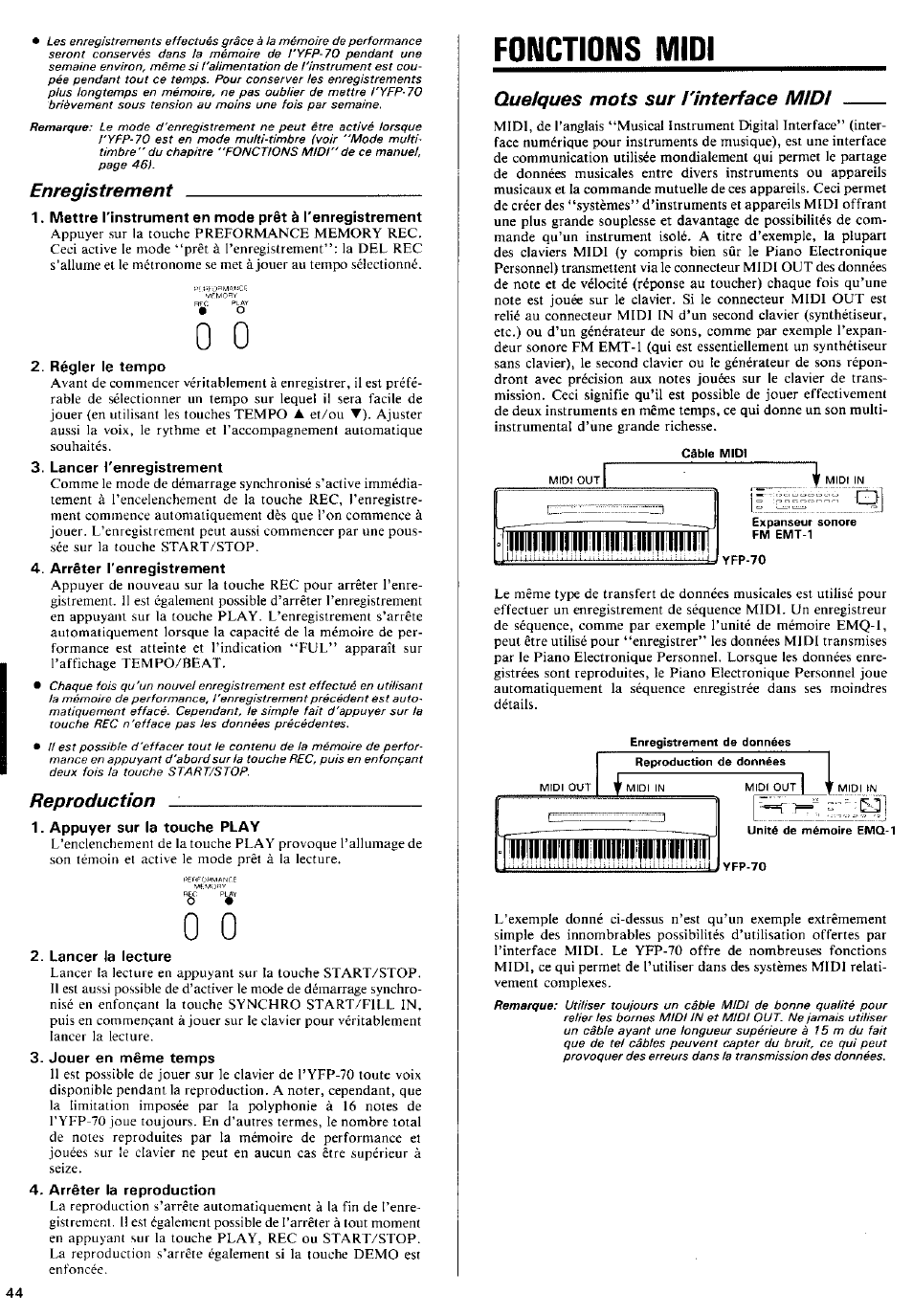 Fonctions mioi, Enregistrement, Reproduction | Queiques mots sur ¡'interface midi | Yamaha YFP-70 User Manual | Page 18 / 27