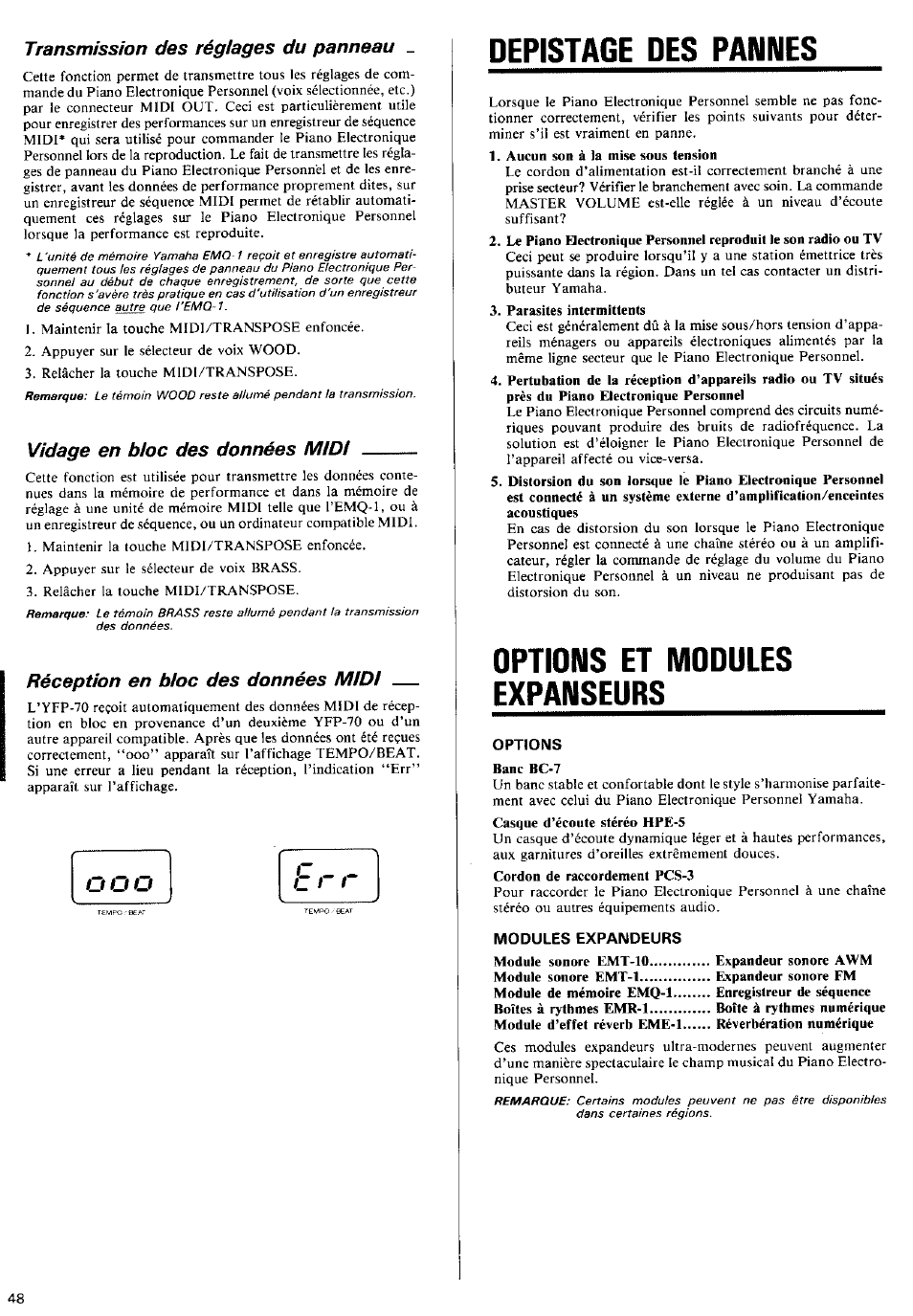 Depistage des pannes, Options et modules expanseurs, S o o | C - - c i, Transmission des réglages du panneau, Vidage en bloc des données midi, Réception en bloc des données midi | Yamaha YFP-70 User Manual | Page 22 / 27