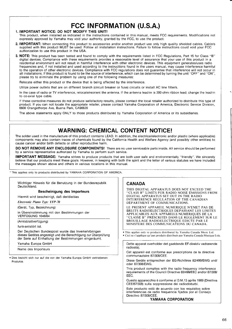 Canada, Fcc information (u.s.a.), Warning: chemical content notice | Yamaha YFP-70 User Manual | Page 26 / 27