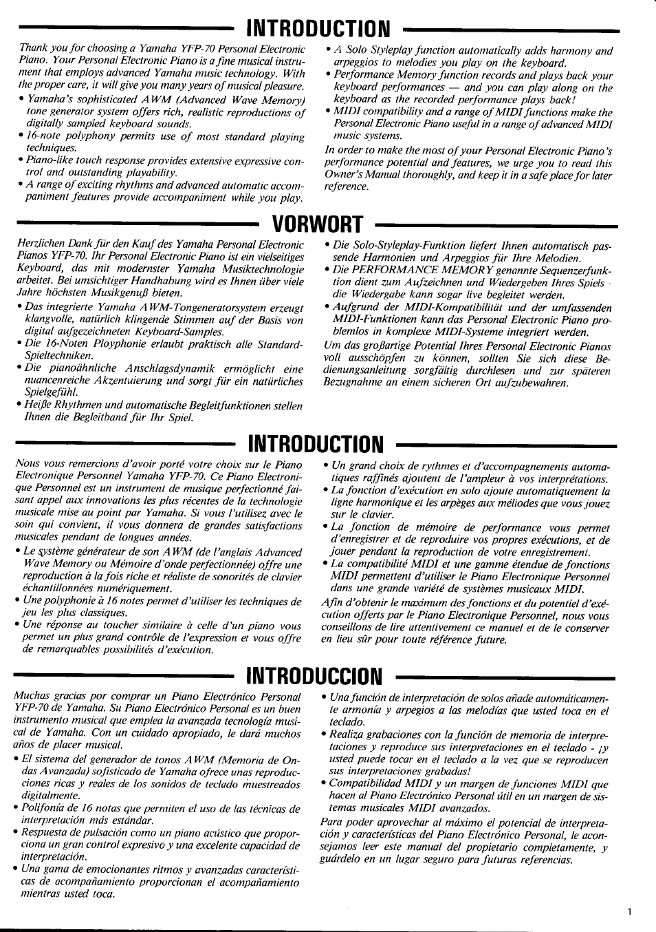 Introduction, Vorwort, Introduccion | Yamaha YFP-70 User Manual | Page 3 / 27