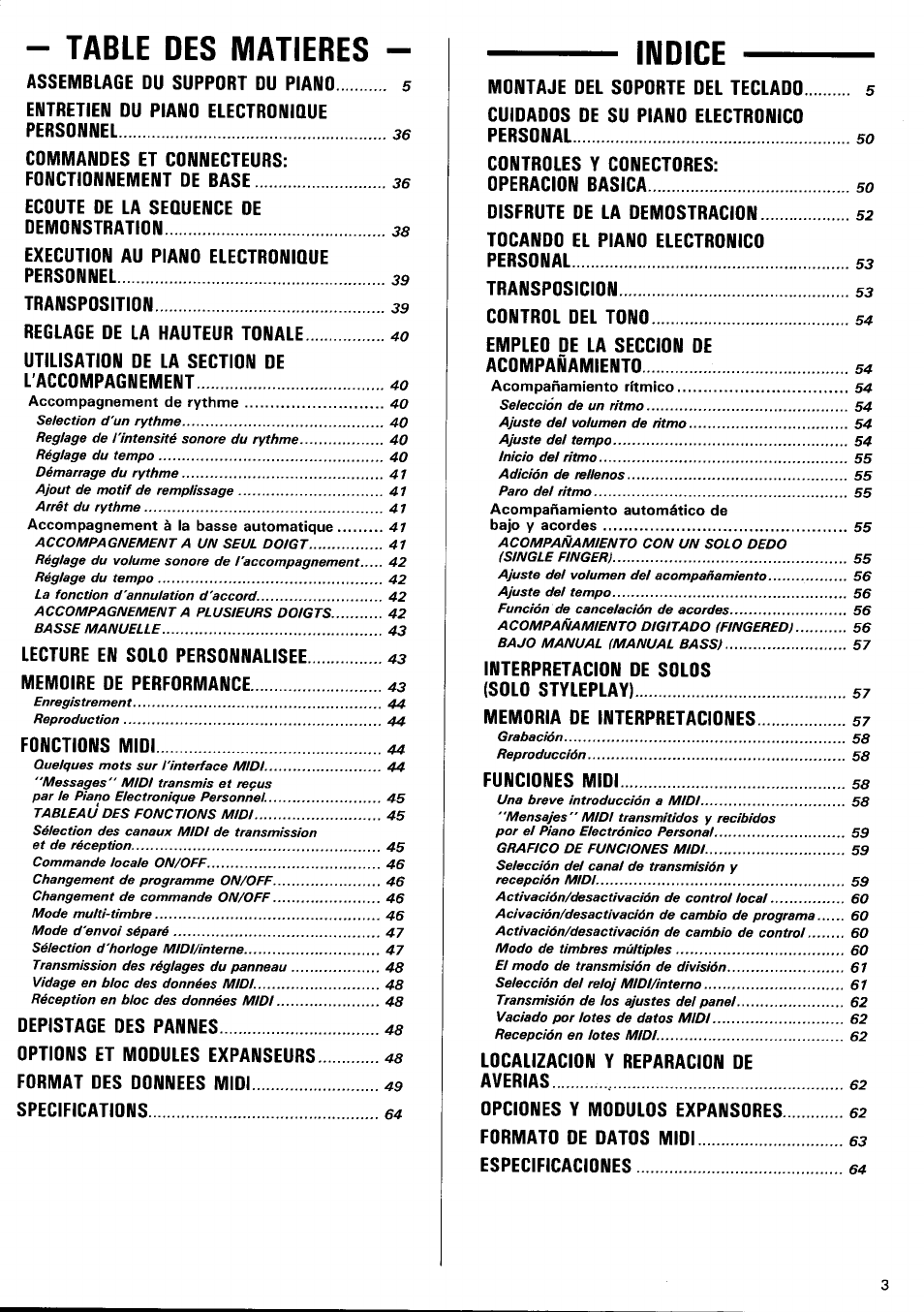 Table des matieres, Indice | Yamaha YFP-70 User Manual | Page 5 / 27