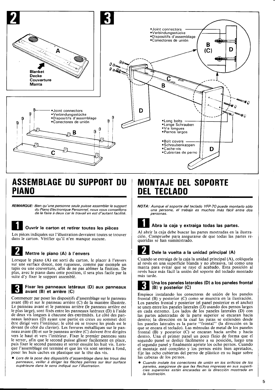 Assemblage du support du piano, Mdntaje del soporte del teclado | Yamaha YFP-70 User Manual | Page 7 / 27
