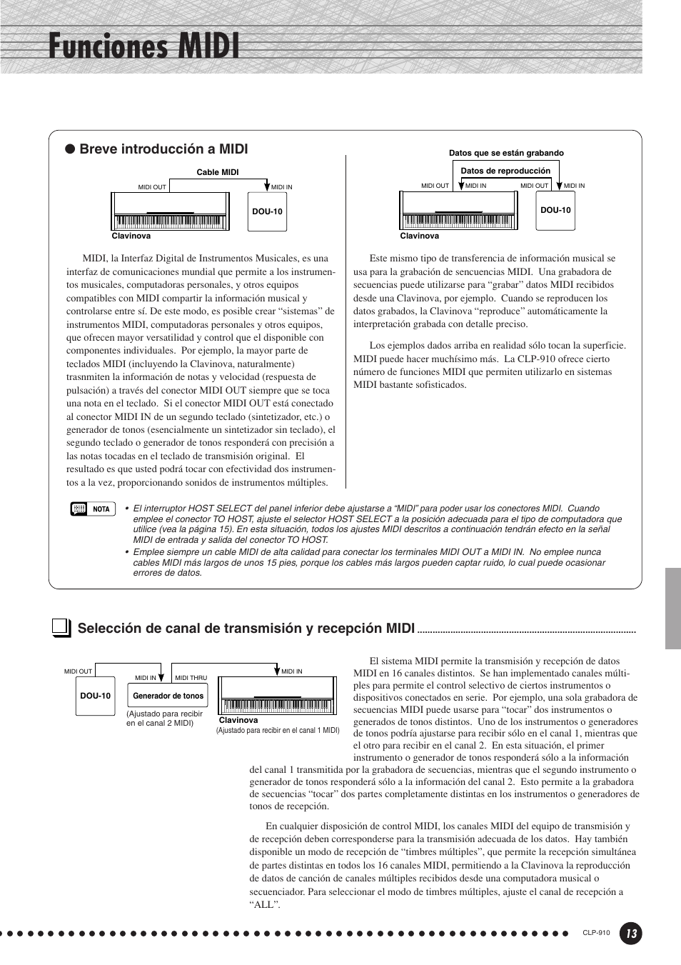 Funciones midi, Selección de canal de transmisión y recepción midi, Breve introducción a midi | Yamaha CLP-910 User Manual | Page 13 / 32