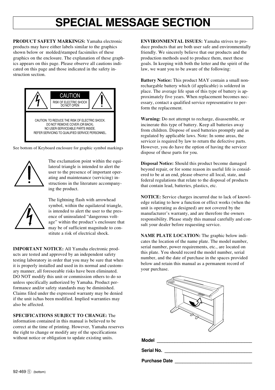 Caution | Yamaha CLP-910 User Manual | Page 2 / 32