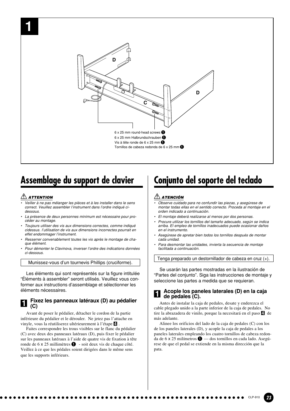 Assemblage du support de clavier, Conjunto del soporte del teclado | Yamaha CLP-910 User Manual | Page 23 / 32