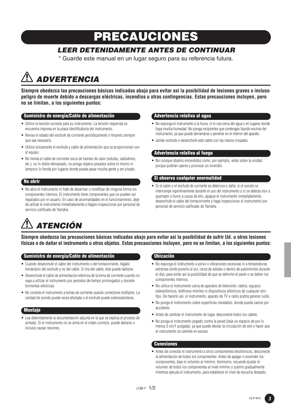 Precauciones, Advertencia, Atención | Leer detenidamente antes de continuar | Yamaha CLP-910 User Manual | Page 3 / 32