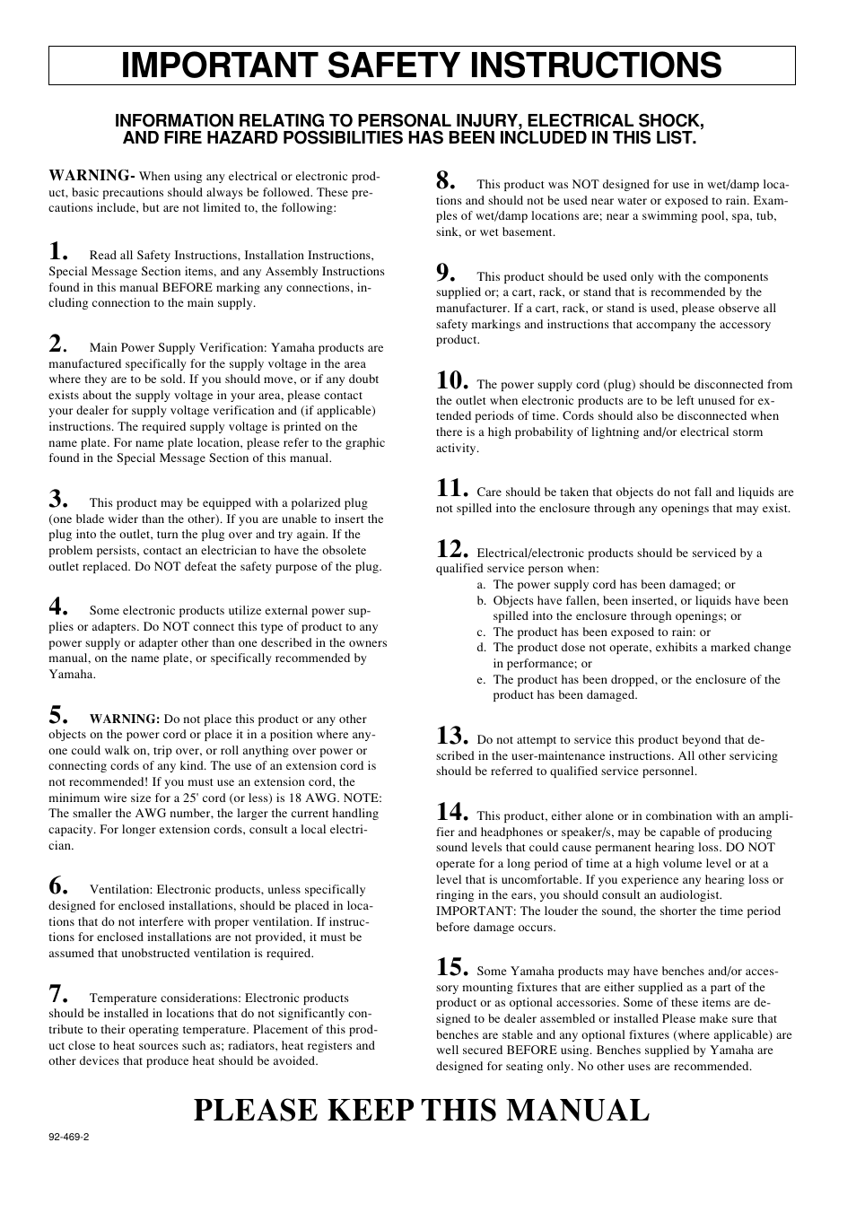 Important safety instructions, Please keep this manual | Yamaha CLP-910 User Manual | Page 30 / 32