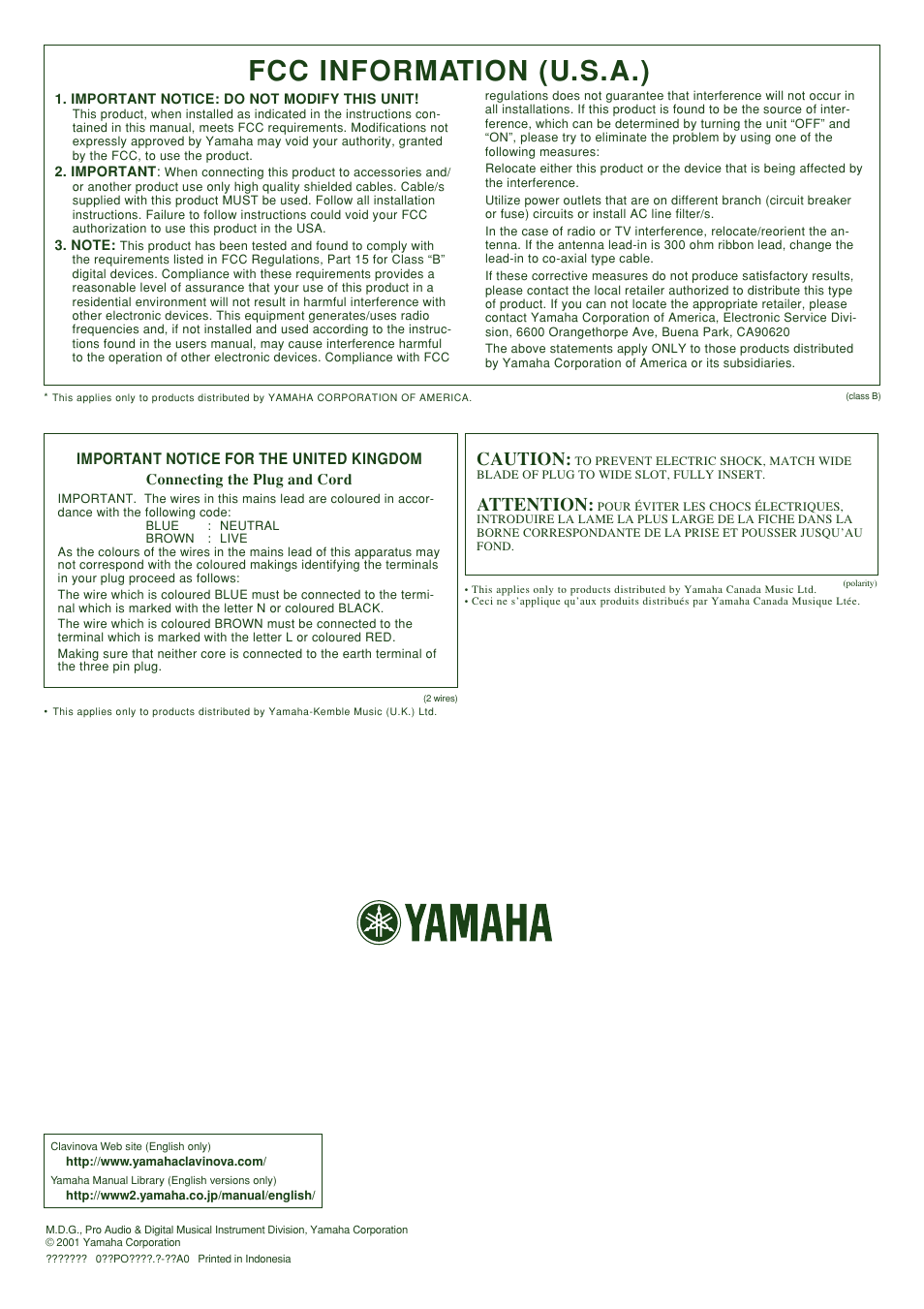 Fcc information (u.s.a.), Caution, Attention | Yamaha CLP-910 User Manual | Page 32 / 32